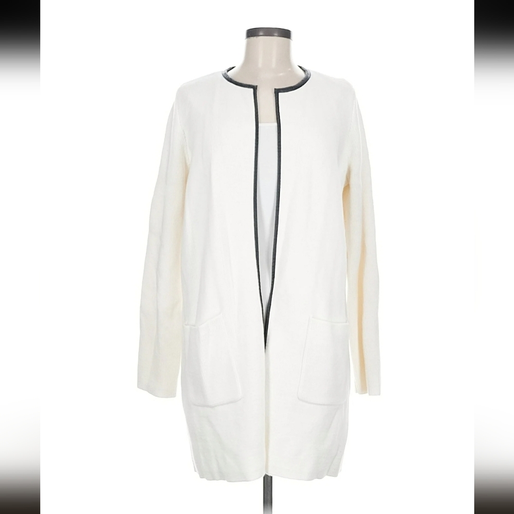 Ann Taylor factory White Open Front Cardigan with Black Faux Leather Trim